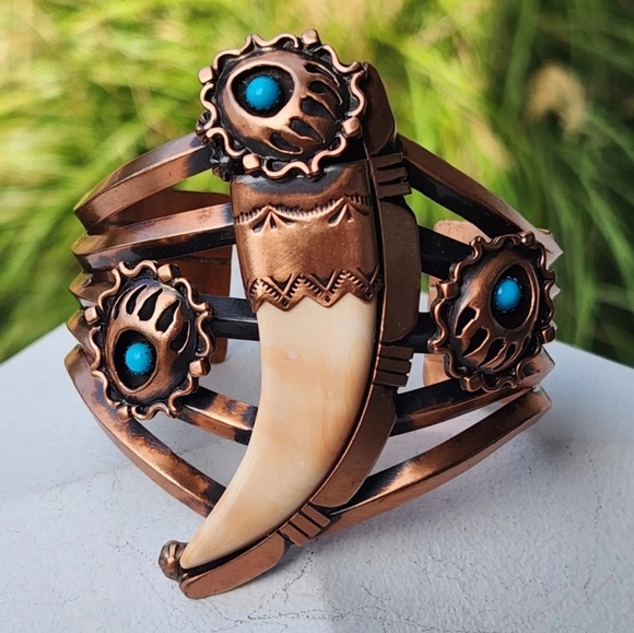 Running Bear Cuff Bracelet Copper Sterling Silver 925 Turquoise Bear Paw & Claw - Picture 1 of 16
